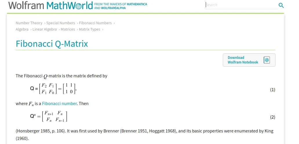 Wolfram Mathworld entry for Fibonacci Q-Matrix